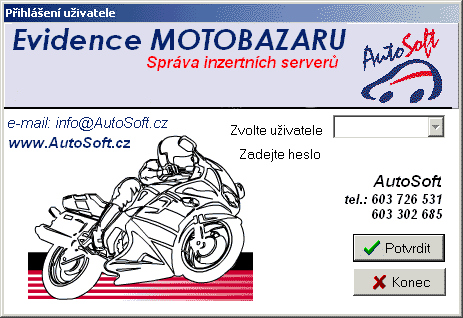 Úvodní obrazovka programu Evidence MotoBazaru v.8.x pro Windows 
